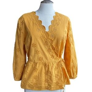 Madewell Women's Eyelet Embroidered Wrap‎ Blouse Top Gold Size Small